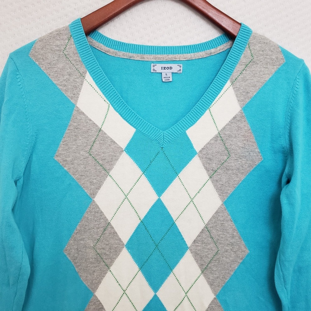 Izod Womens Gray Turquoise Blue Ivory Argyle Sweater V-Neck Long Sleeve Sz L - Picture 3 of 8